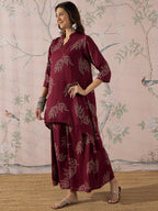 InWeave Dark Maroon Leaf Mandarin Kurta Set | Grocsy