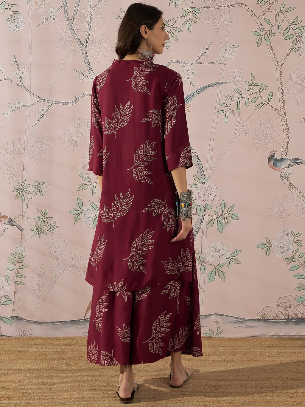 InWeave Dark Maroon Leaf Mandarin Kurta Set | Grocsy