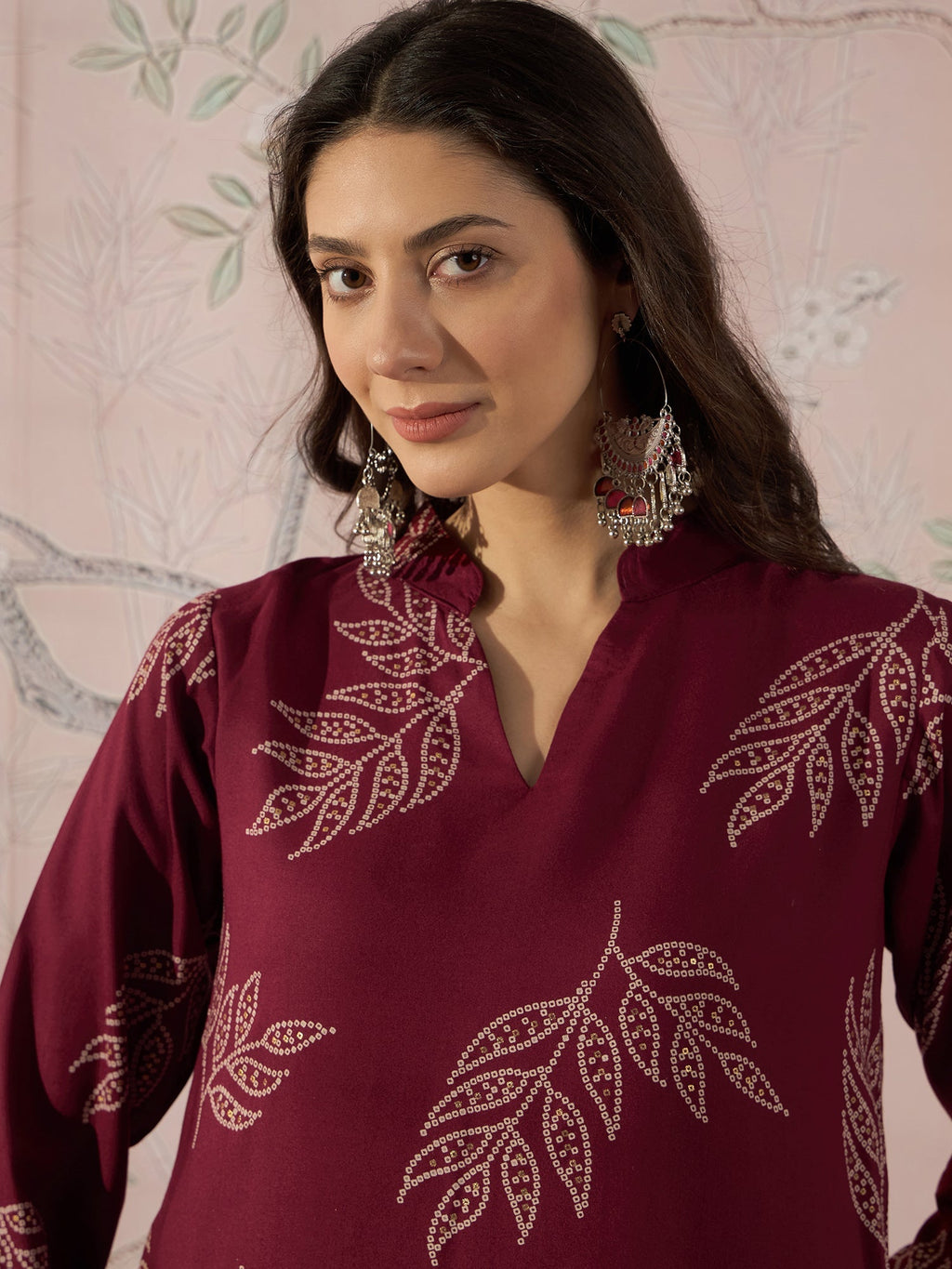 InWeave Dark Maroon Leaf Mandarin Kurta Set | Grocsy