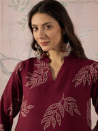 InWeave Dark Maroon Leaf Mandarin Kurta Set | Grocsy