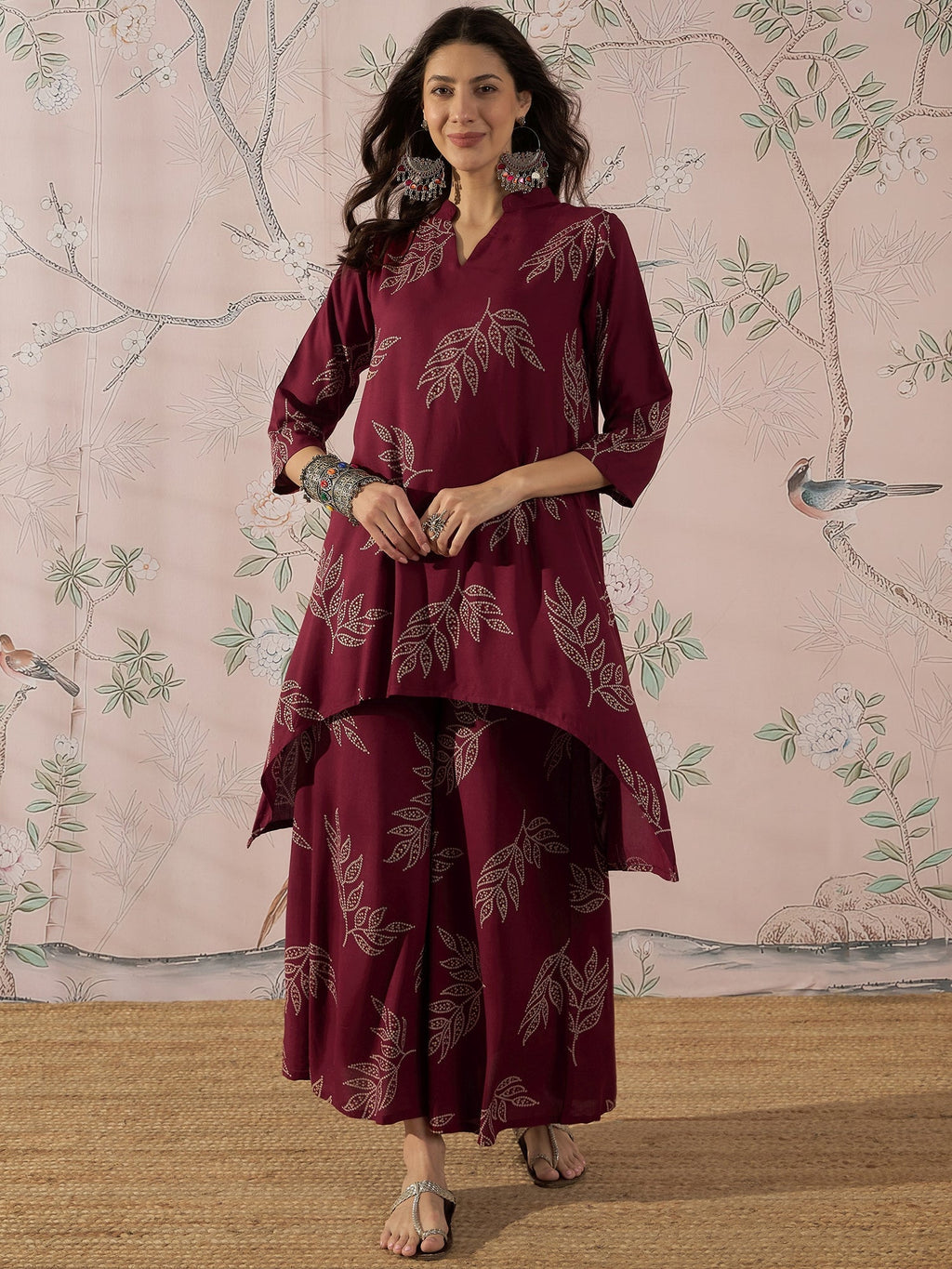 InWeave Dark Maroon Leaf Mandarin Kurta Set | Grocsy