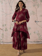 InWeave Dark Maroon Leaf Mandarin Kurta Set | Grocsy