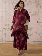 InWeave Dark Maroon Leaf Mandarin Kurta Set | Grocsy