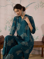 InWeave Dark Teal Leaf Mandarin Kurta Set | Grocsy