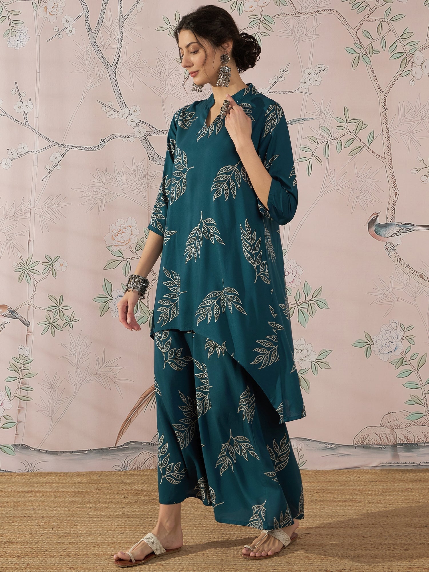 InWeave Dark Teal Leaf Mandarin Kurta Set | Grocsy