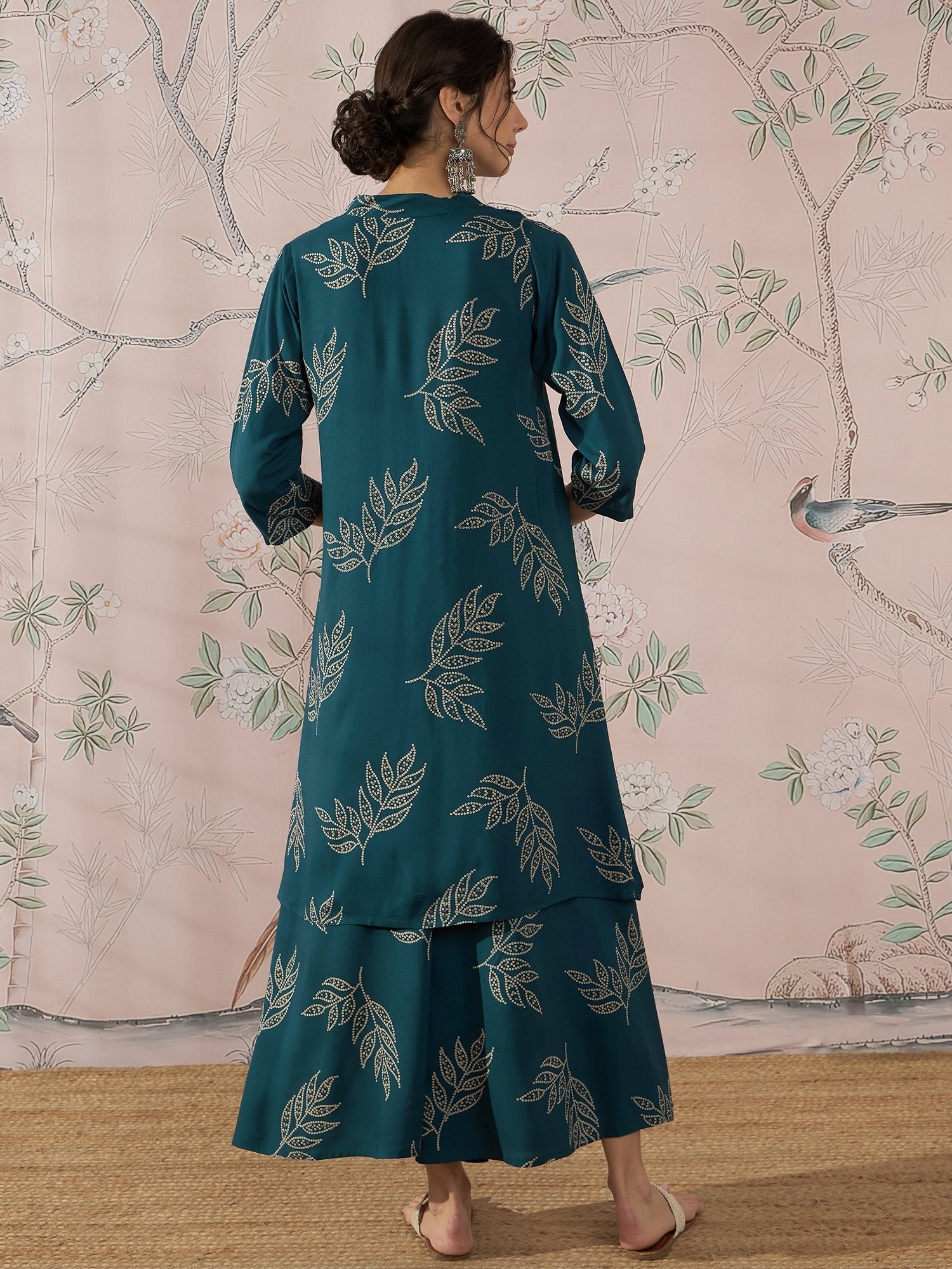 InWeave Dark Teal Leaf Mandarin Kurta Set | Grocsy