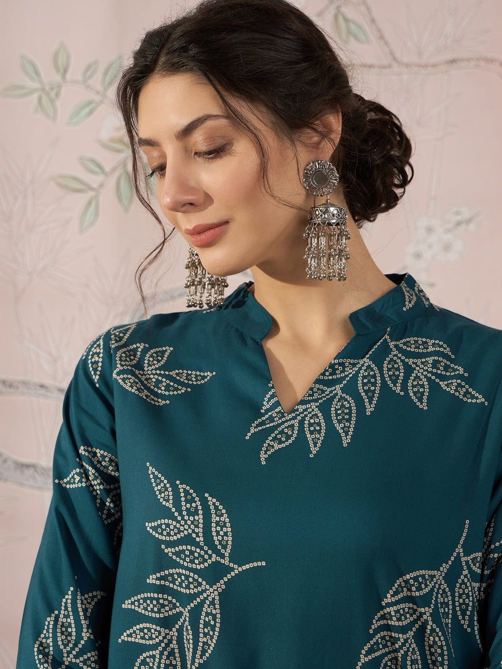 InWeave Dark Teal Leaf Mandarin Kurta Set | Grocsy