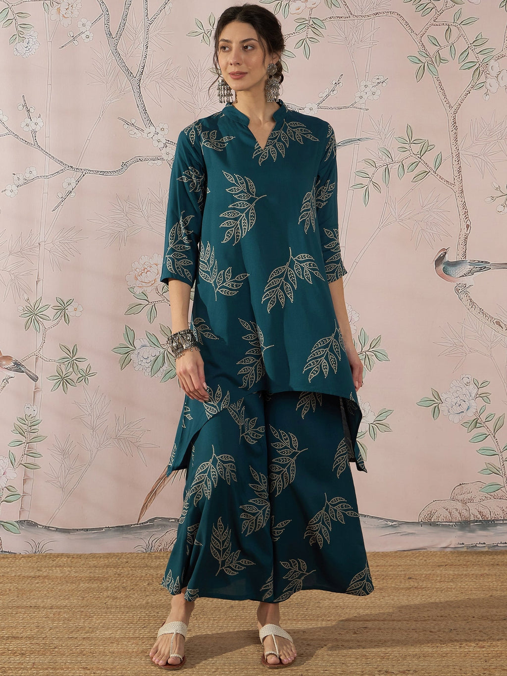 InWeave Dark Teal Leaf Mandarin Kurta Set | Grocsy
