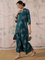 InWeave Dark Teal Leaf Mandarin Kurta Set | Grocsy