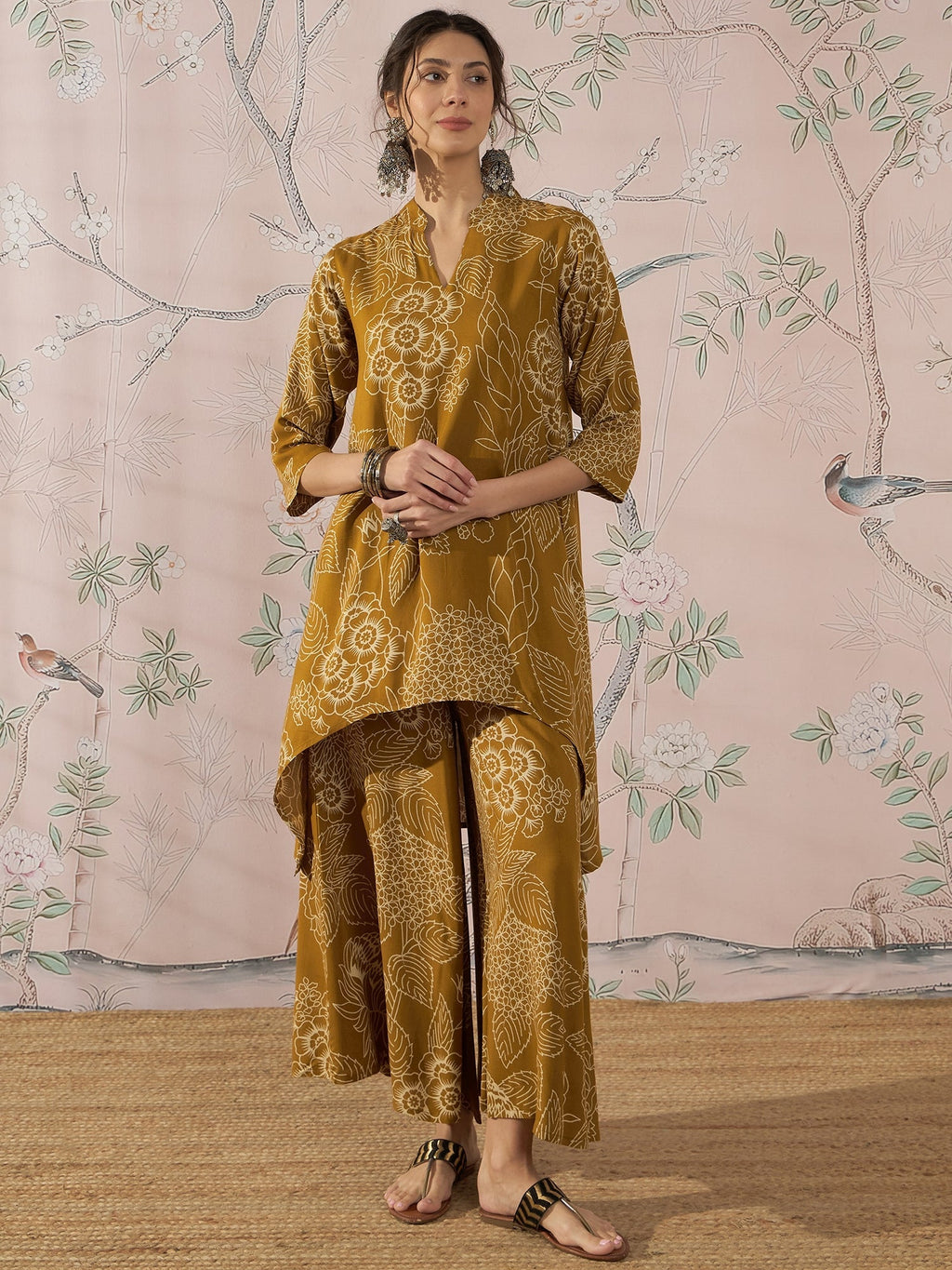 InWeave Dark Yellow Rose Leaf Mandarin Kurta Set | Grocsy