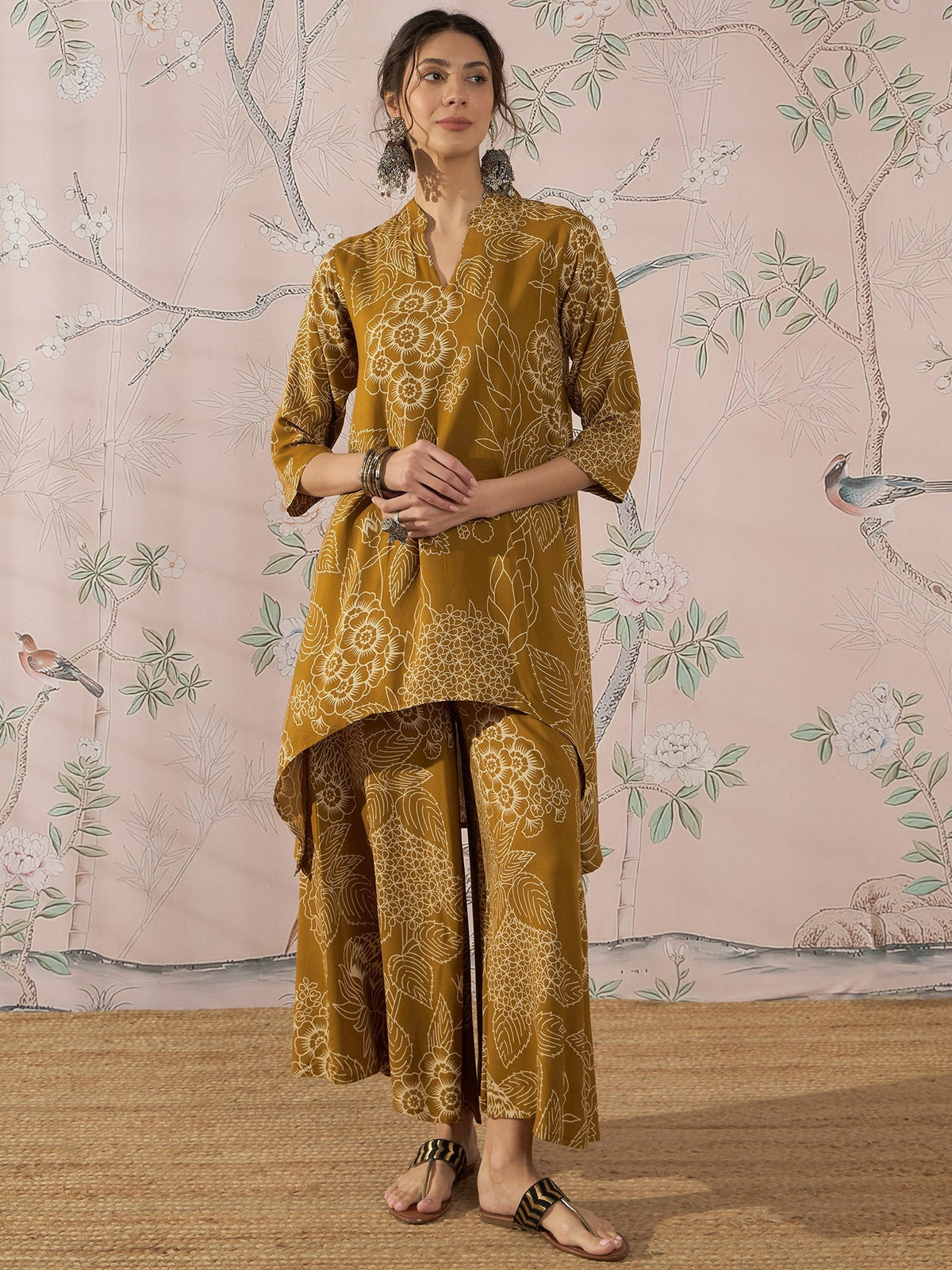 InWeave Dark Yellow Rose Leaf Mandarin Kurta Set | Grocsy