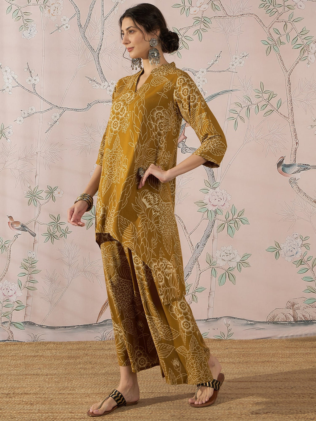 InWeave Dark Yellow Rose Leaf Mandarin Kurta Set | Grocsy
