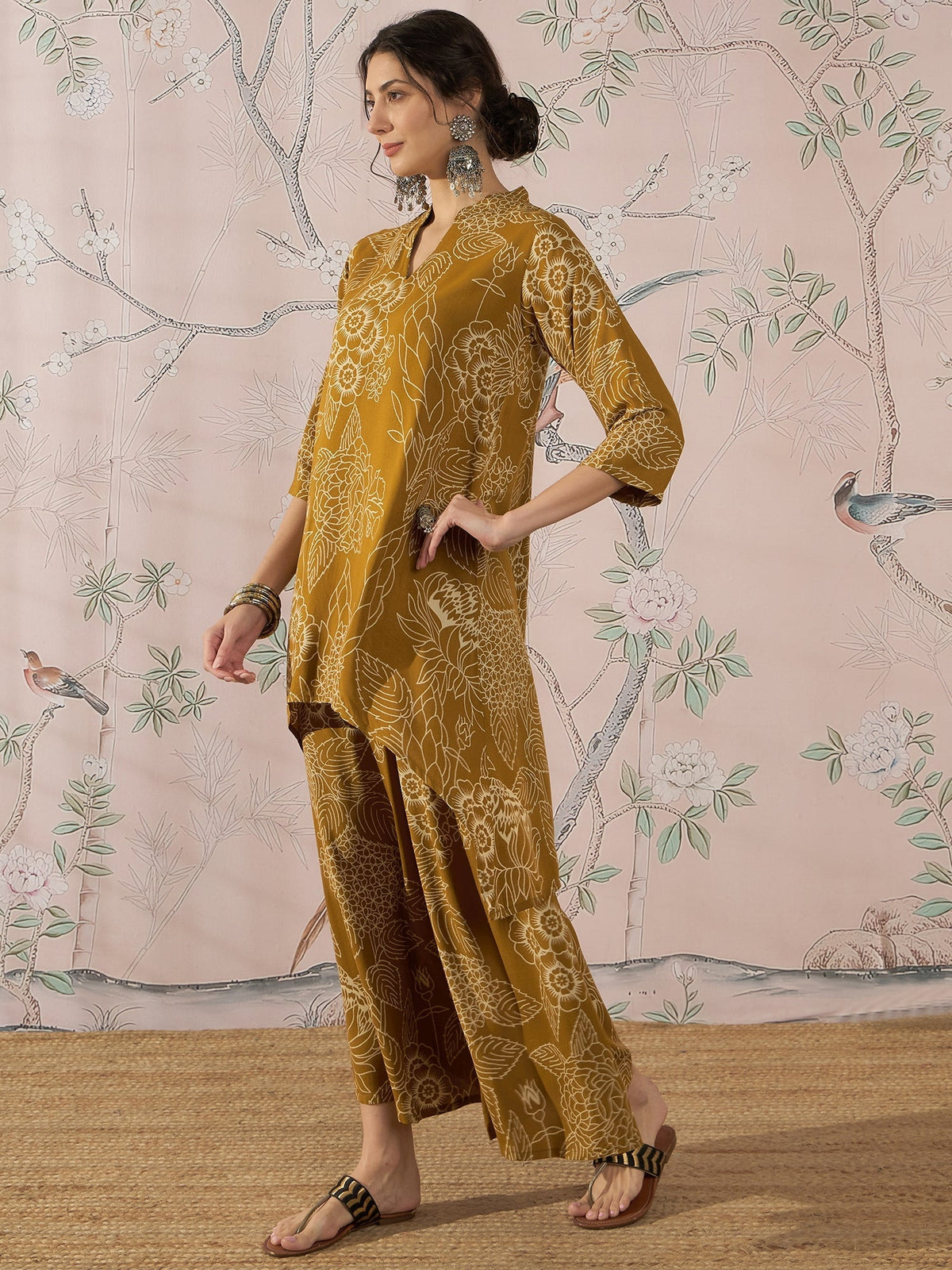InWeave Dark Yellow Rose Leaf Mandarin Kurta Set | Grocsy
