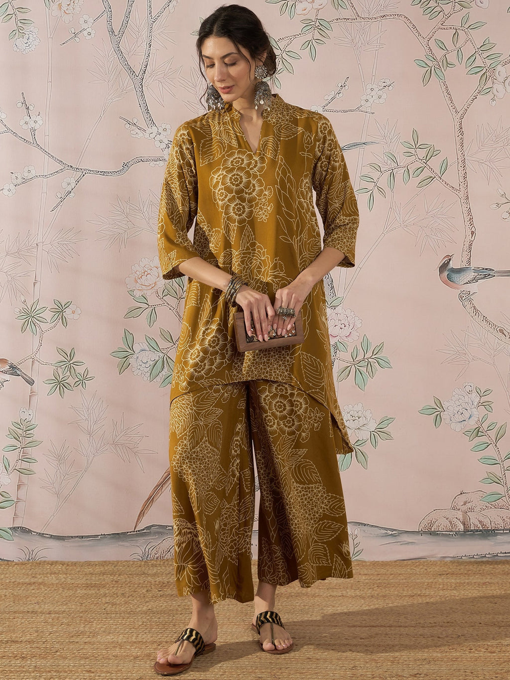 InWeave Dark Yellow Rose Leaf Mandarin Kurta Set | Grocsy