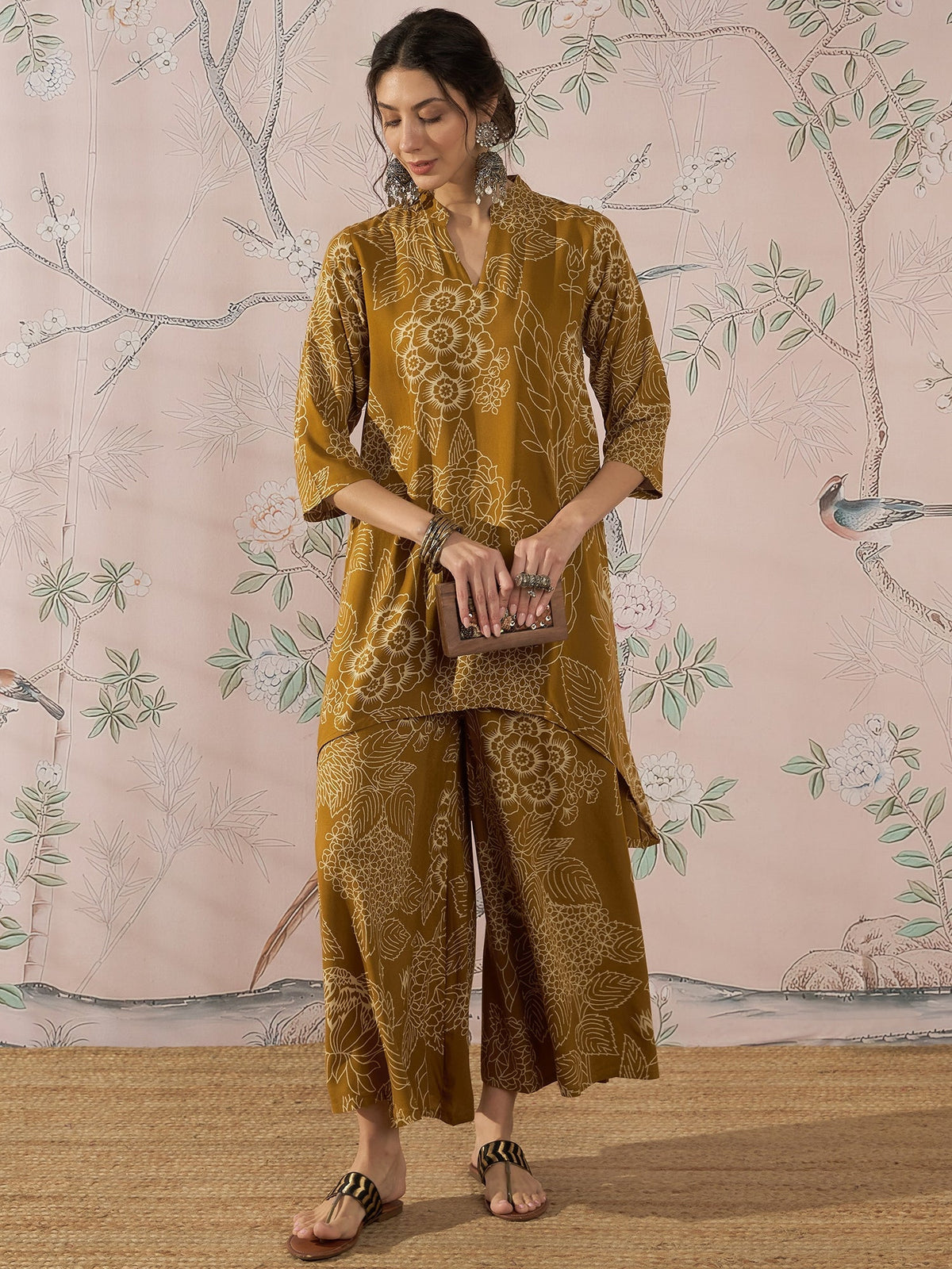 InWeave Dark Yellow Rose Leaf Mandarin Kurta Set | Grocsy