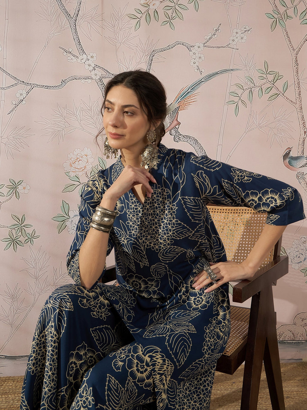 InWeave Peacock Teal Rose Leaf Mandarin Kurta Set | Grocsy