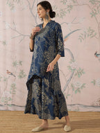 InWeave Peacock Teal Rose Leaf Mandarin Kurta Set | Grocsy
