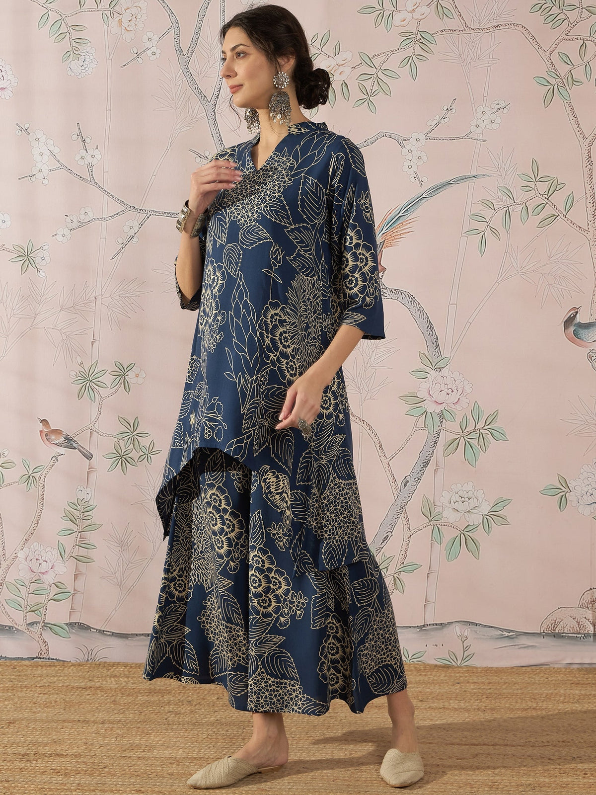 InWeave Peacock Teal Rose Leaf Mandarin Kurta Set | Grocsy