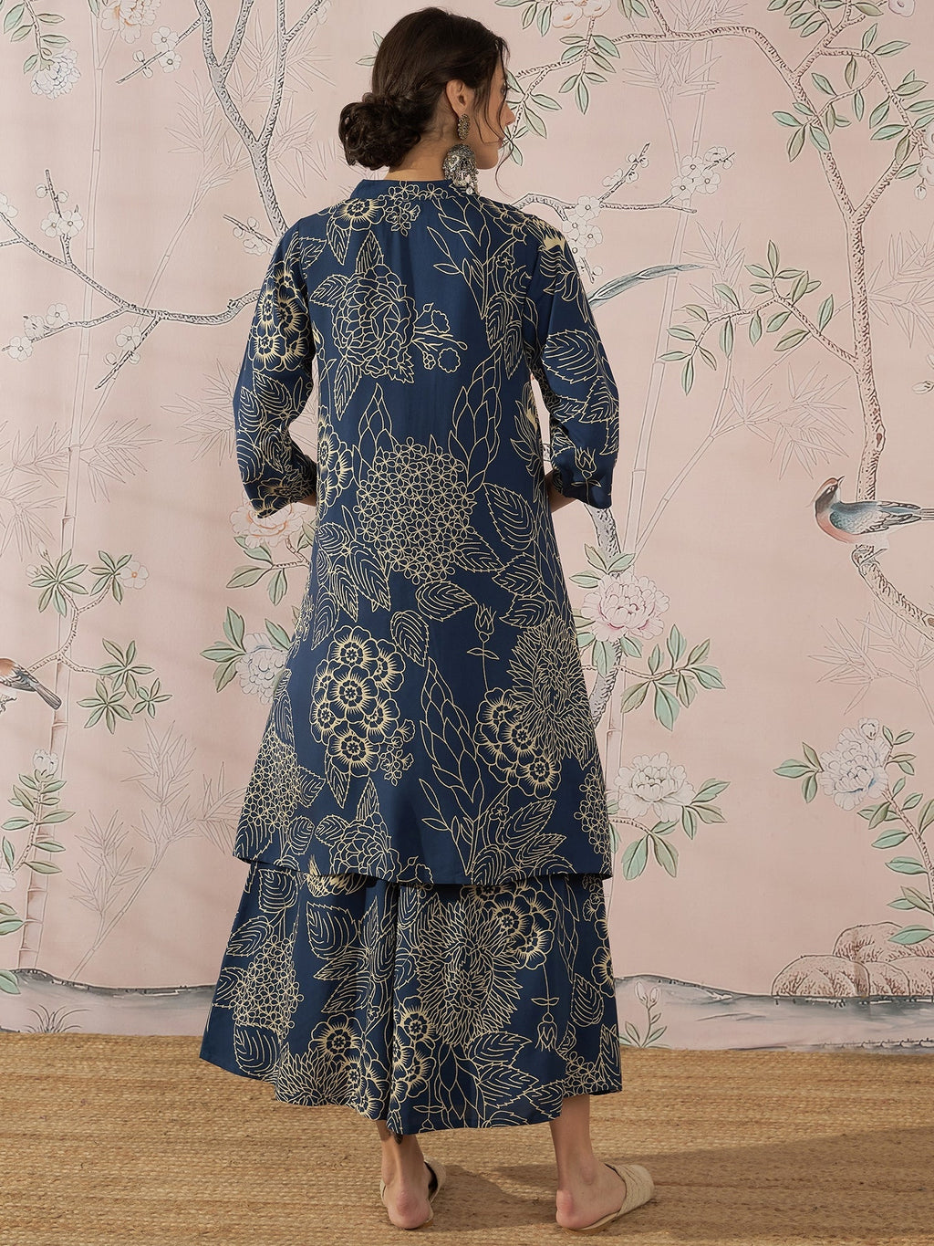 InWeave Peacock Teal Rose Leaf Mandarin Kurta Set | Grocsy
