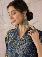 InWeave Peacock Teal Rose Leaf Mandarin Kurta Set | Grocsy