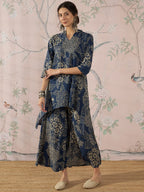 InWeave Peacock Teal Rose Leaf Mandarin Kurta Set | Grocsy