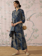 InWeave Peacock Teal Rose Leaf Mandarin Kurta Set | Grocsy