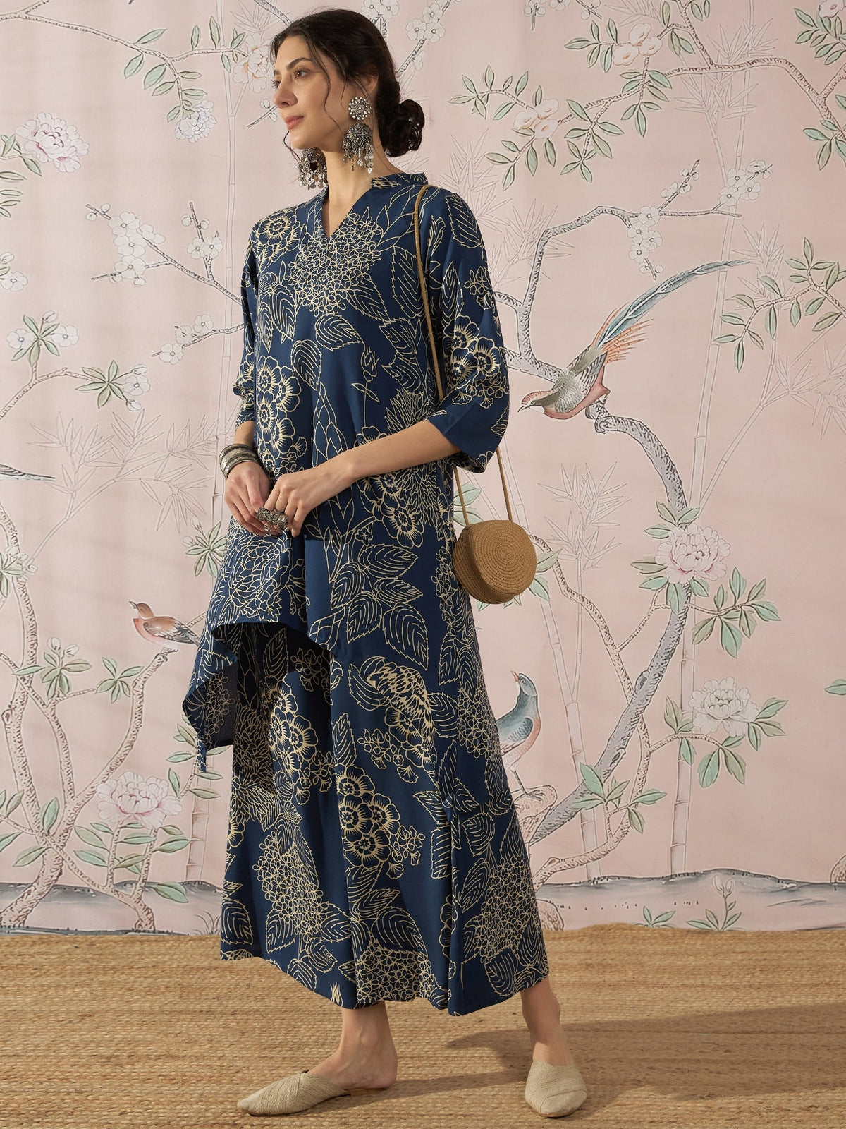 InWeave Peacock Teal Rose Leaf Mandarin Kurta Set | Grocsy