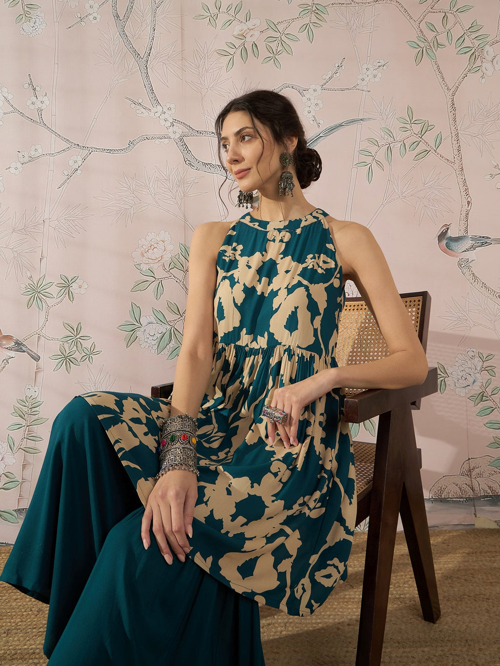 InWeave Teal Beige Halter Kurta Sharara Set | Grocsy