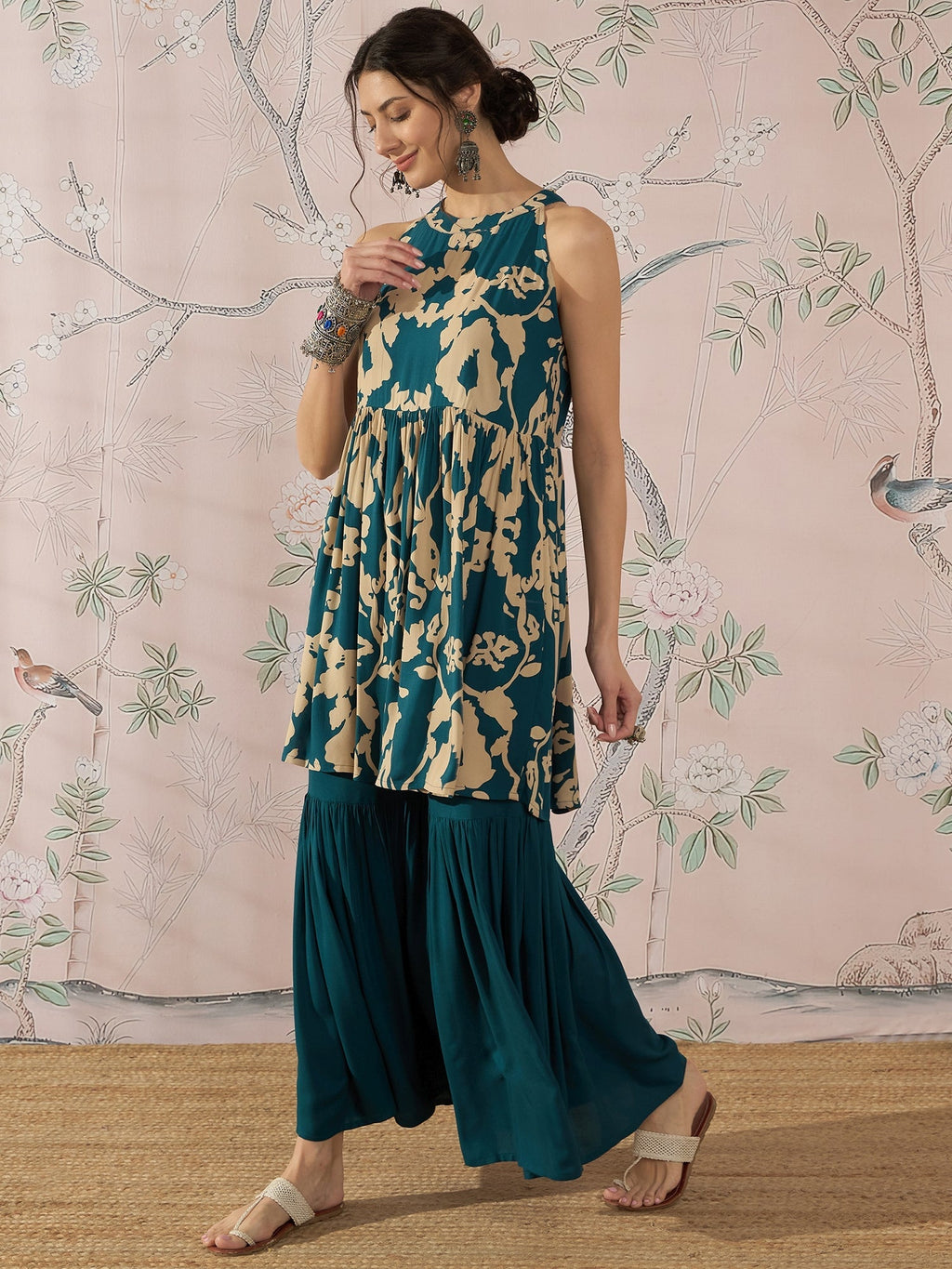 InWeave Teal Beige Halter Kurta Sharara Set | Grocsy