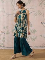 InWeave Teal Beige Halter Kurta Sharara Set | Grocsy