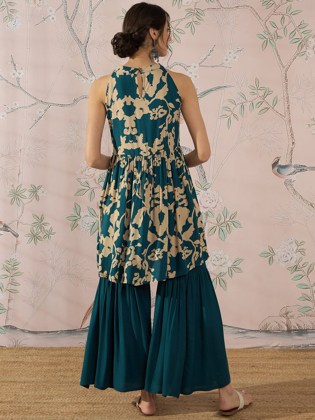 InWeave Teal Beige Halter Kurta Sharara Set | Grocsy