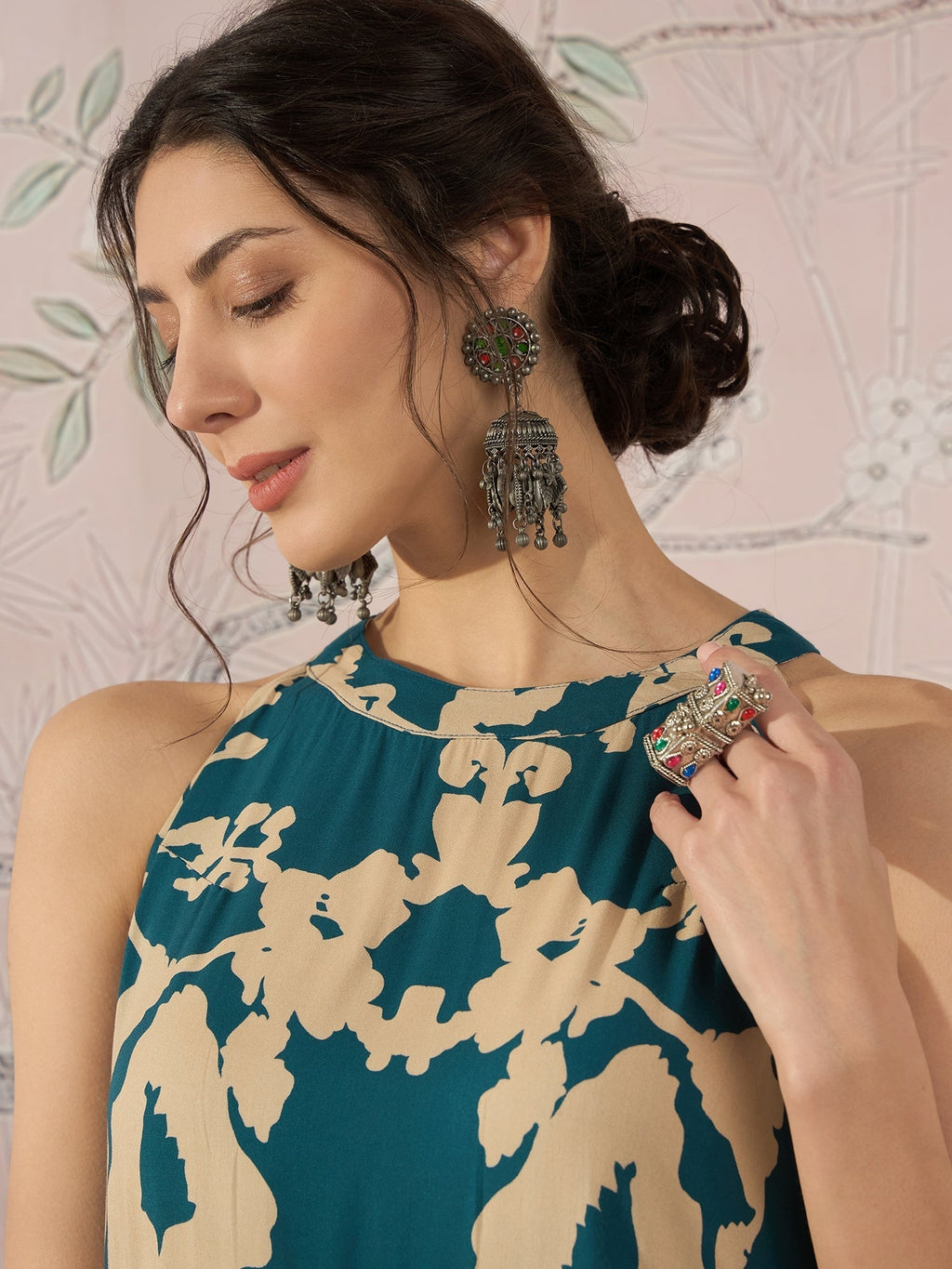 InWeave Teal Beige Halter Kurta Sharara Set | Grocsy