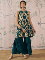 InWeave Teal Beige Halter Kurta Sharara Set | Grocsy