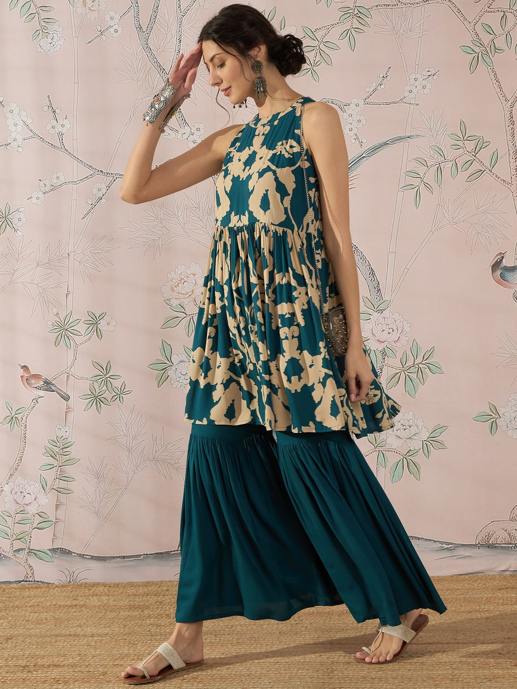 InWeave Teal Beige Halter Kurta Sharara Set | Grocsy