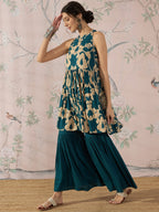InWeave Teal Beige Halter Kurta Sharara Set | Grocsy