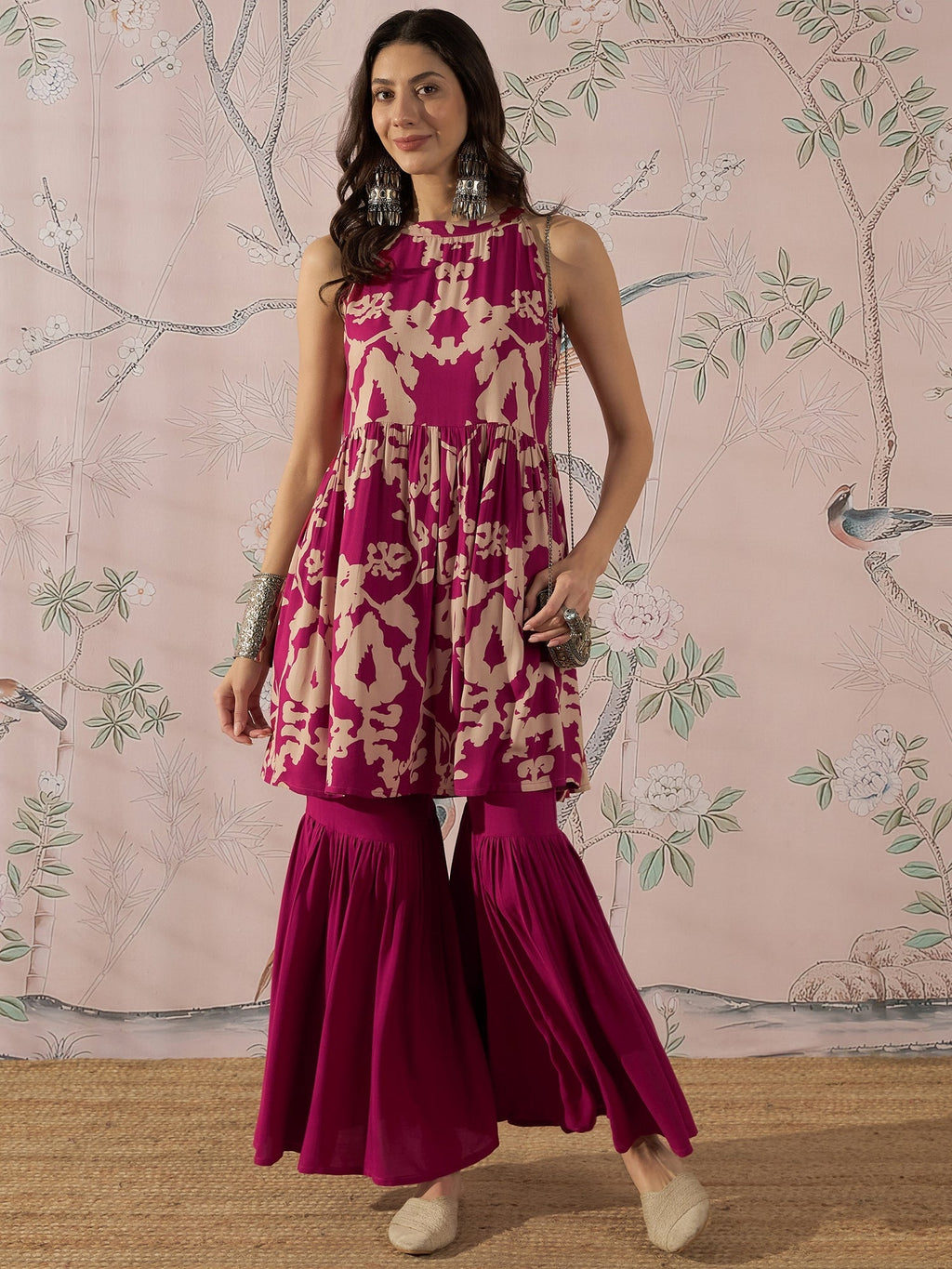 InWeave Jam Pink Beige Halter Kurta Sharara Set | Grocsy