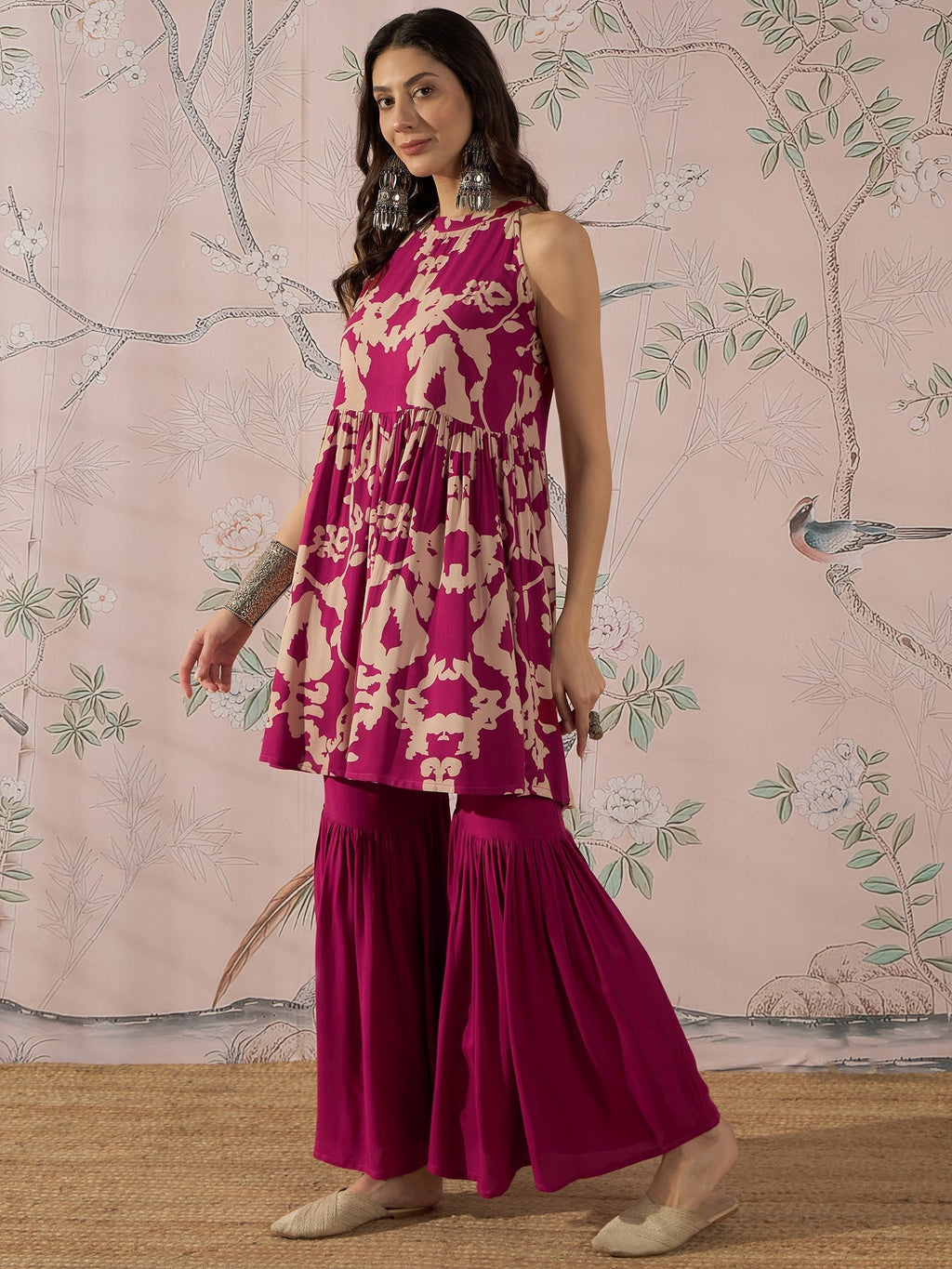 InWeave Jam Pink Beige Halter Kurta Sharara Set | Grocsy