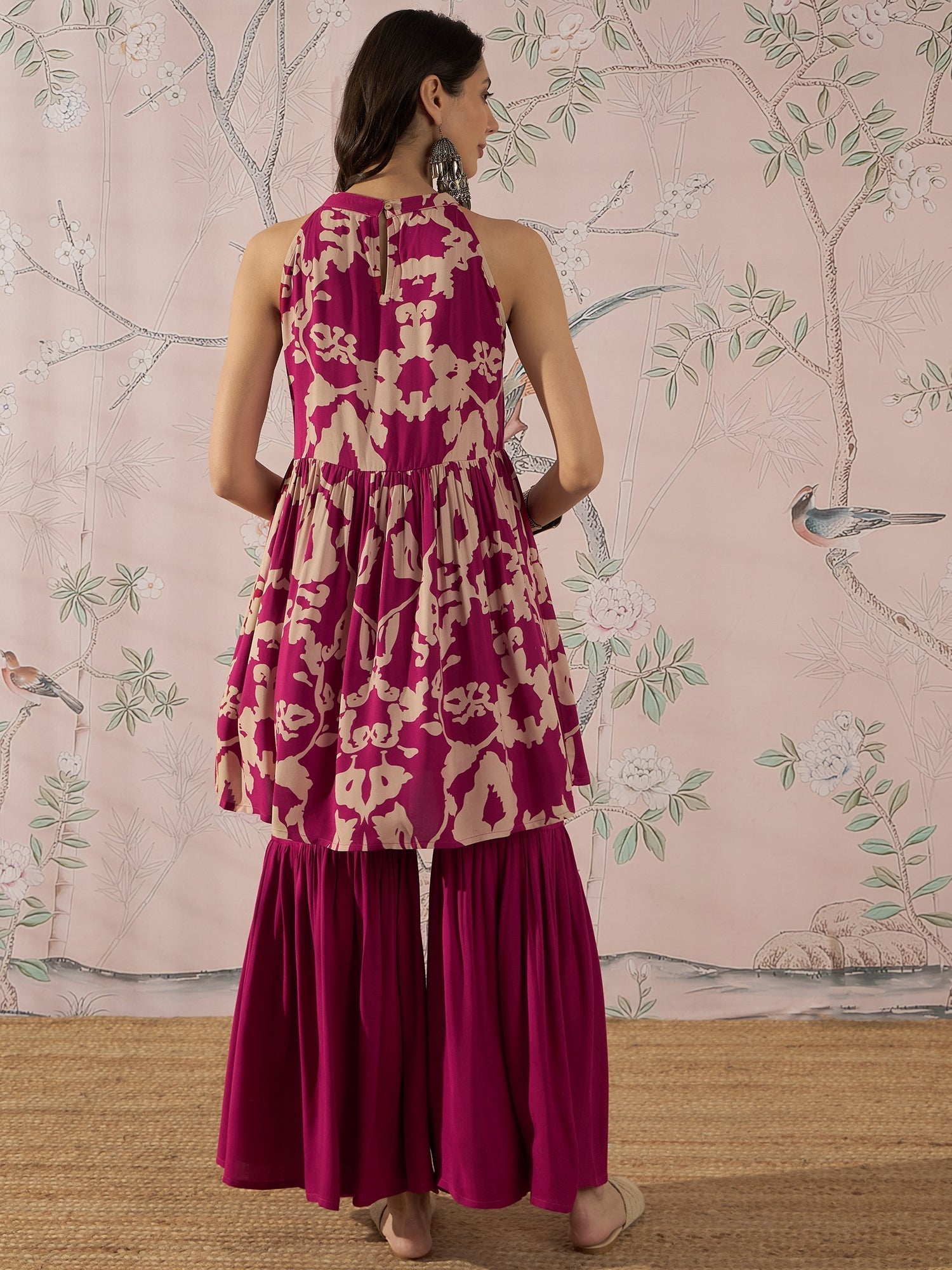 InWeave Jam Pink Beige Halter Kurta Sharara Set | Grocsy