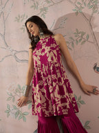 InWeave Jam Pink Beige Halter Kurta Sharara Set | Grocsy