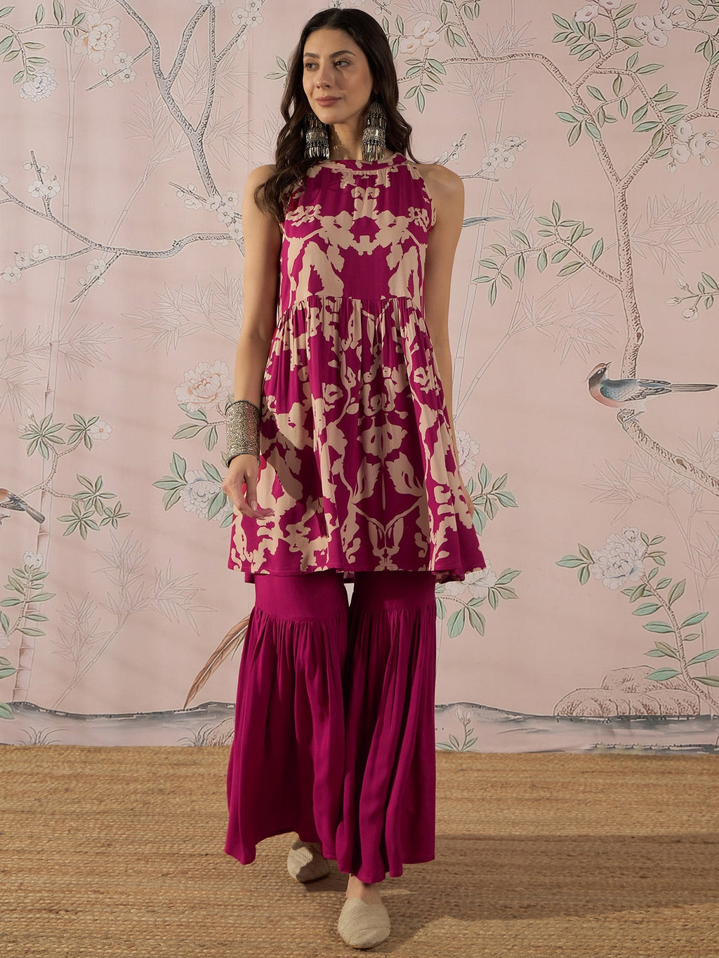 InWeave Jam Pink Beige Halter Kurta Sharara Set | Grocsy