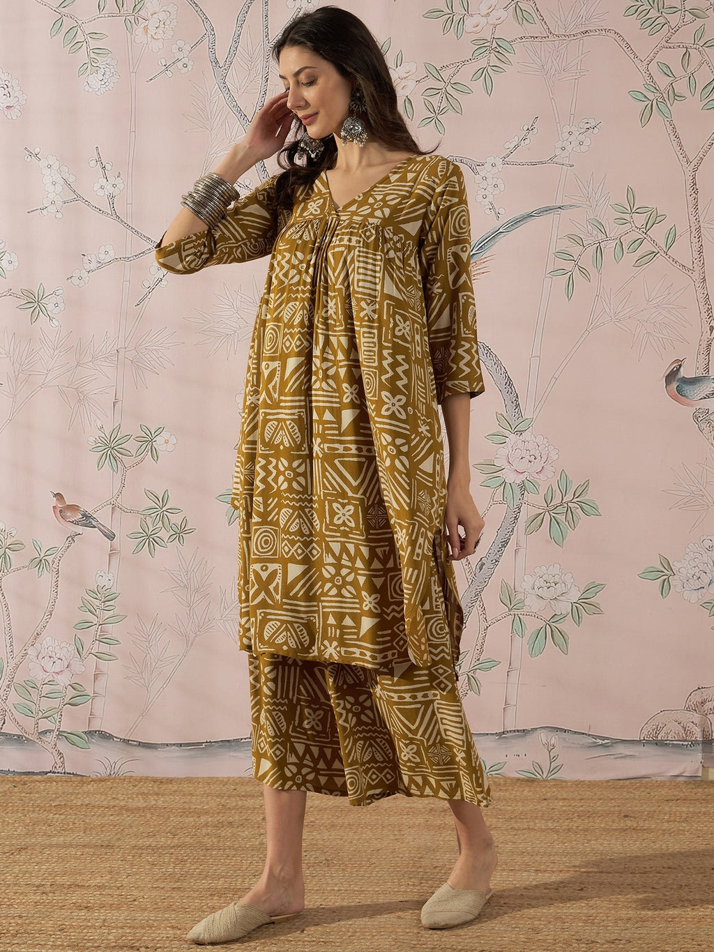 InWeave Dark Yellow Ethnic Flared Kurta Set | Grocsy