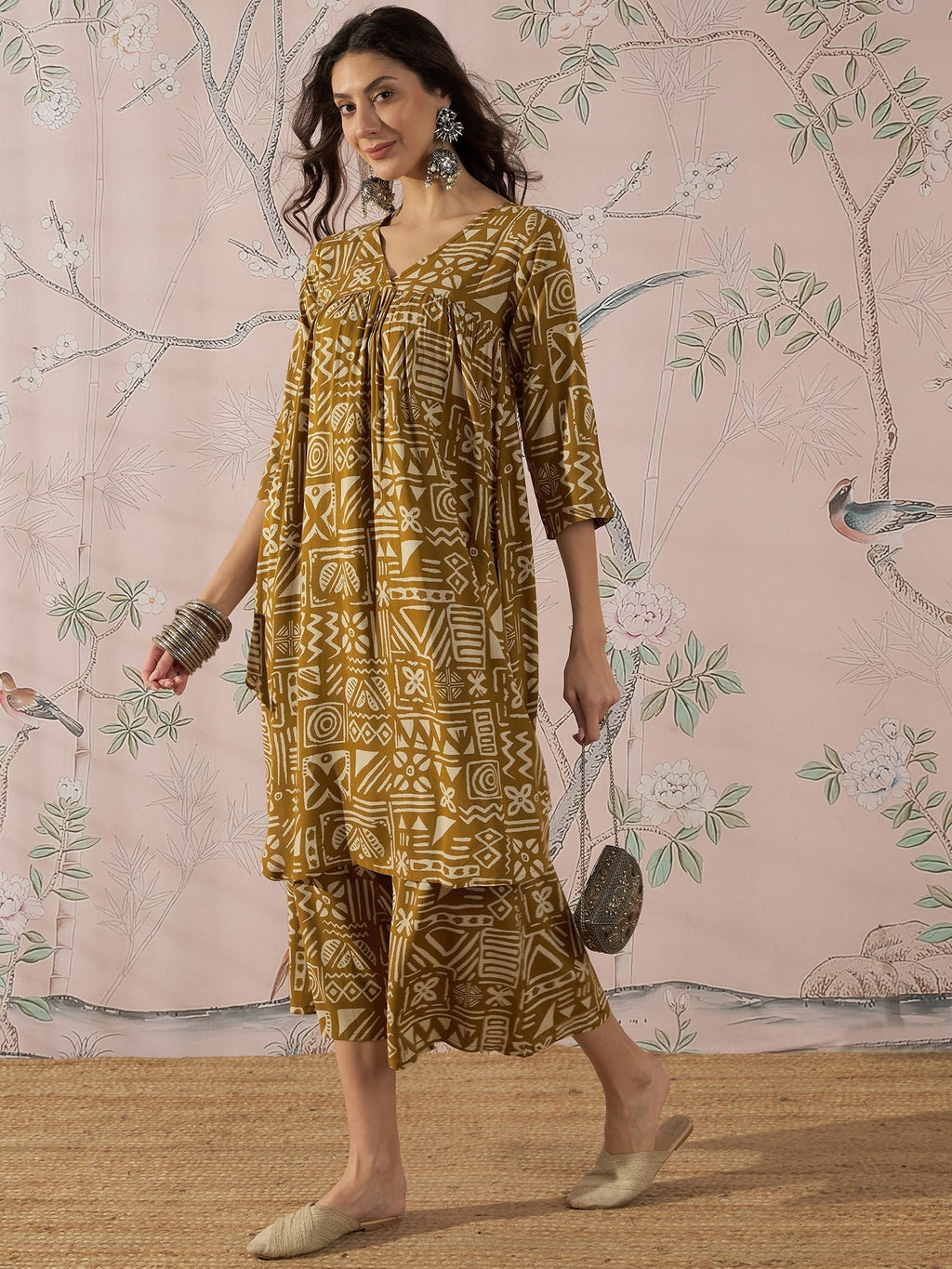 InWeave Dark Yellow Ethnic Flared Kurta Set | Grocsy