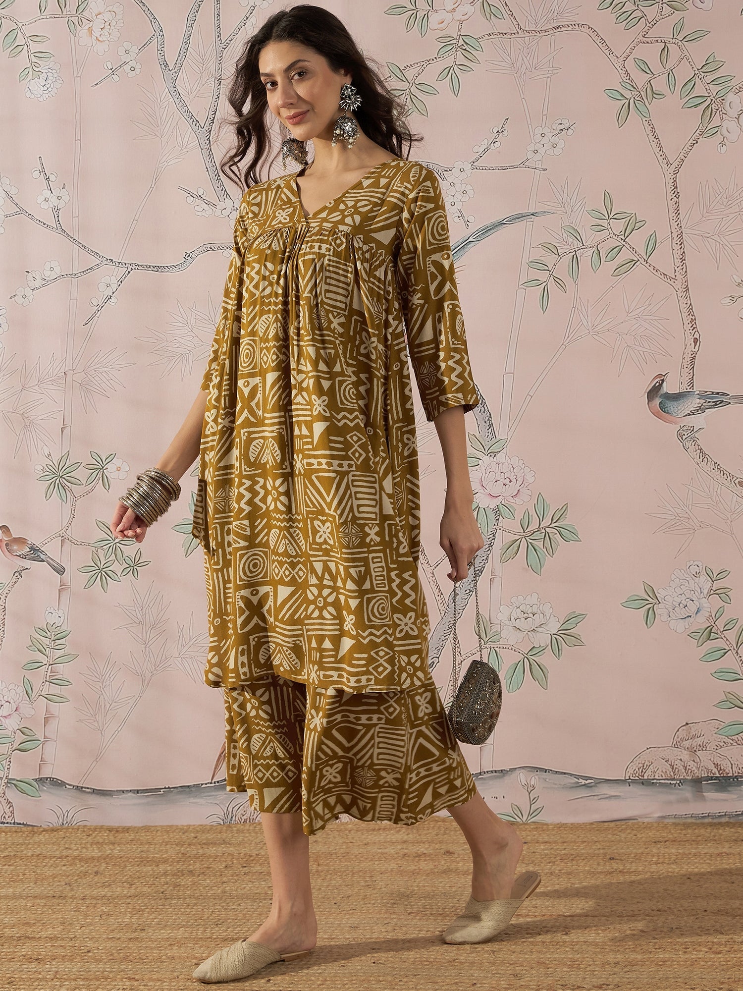 InWeave Dark Yellow Ethnic Flared Kurta Set | Grocsy