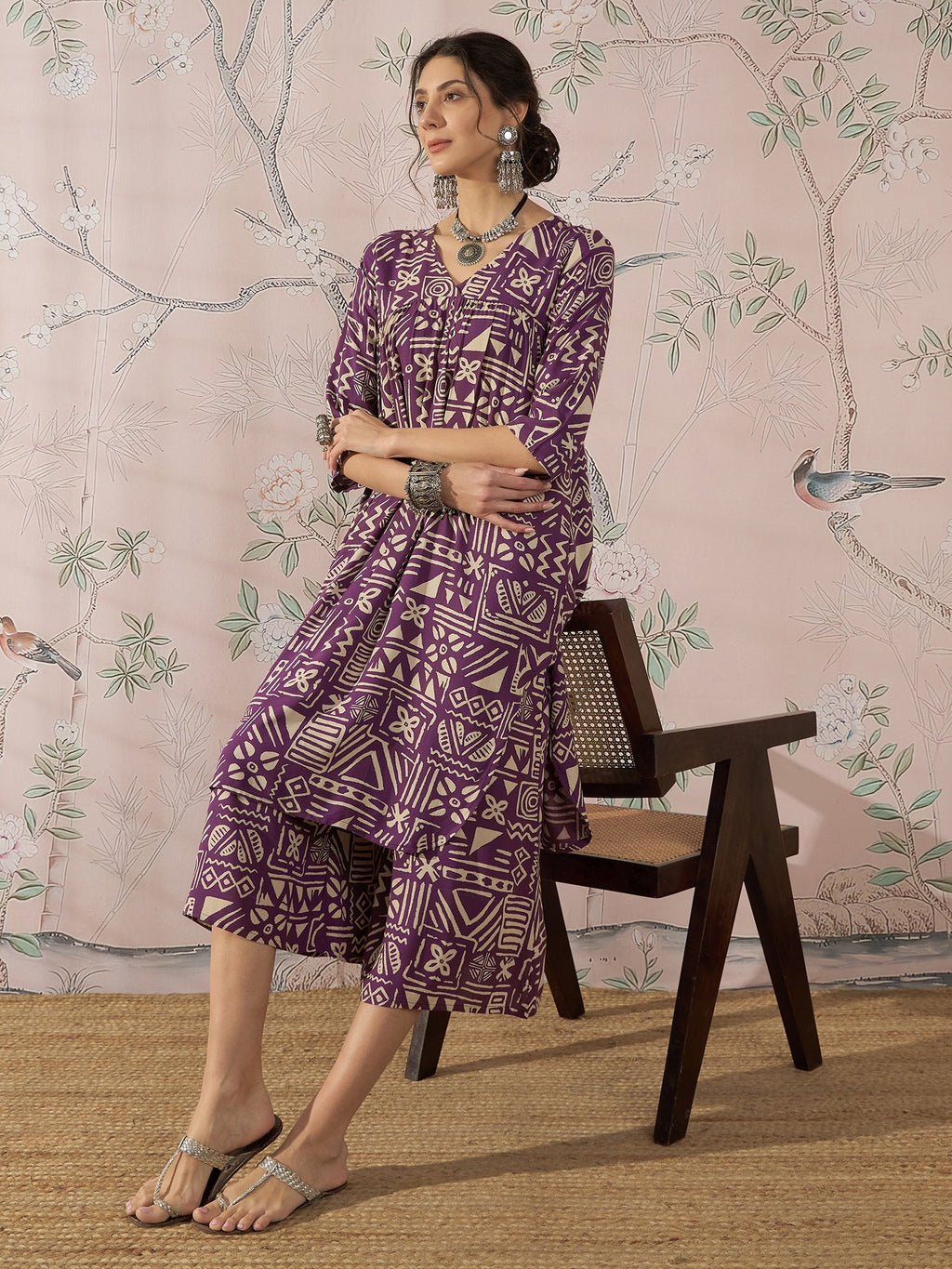 InWeave Dusty Mauve Ethnic Flared Kurta Set | Grocsy