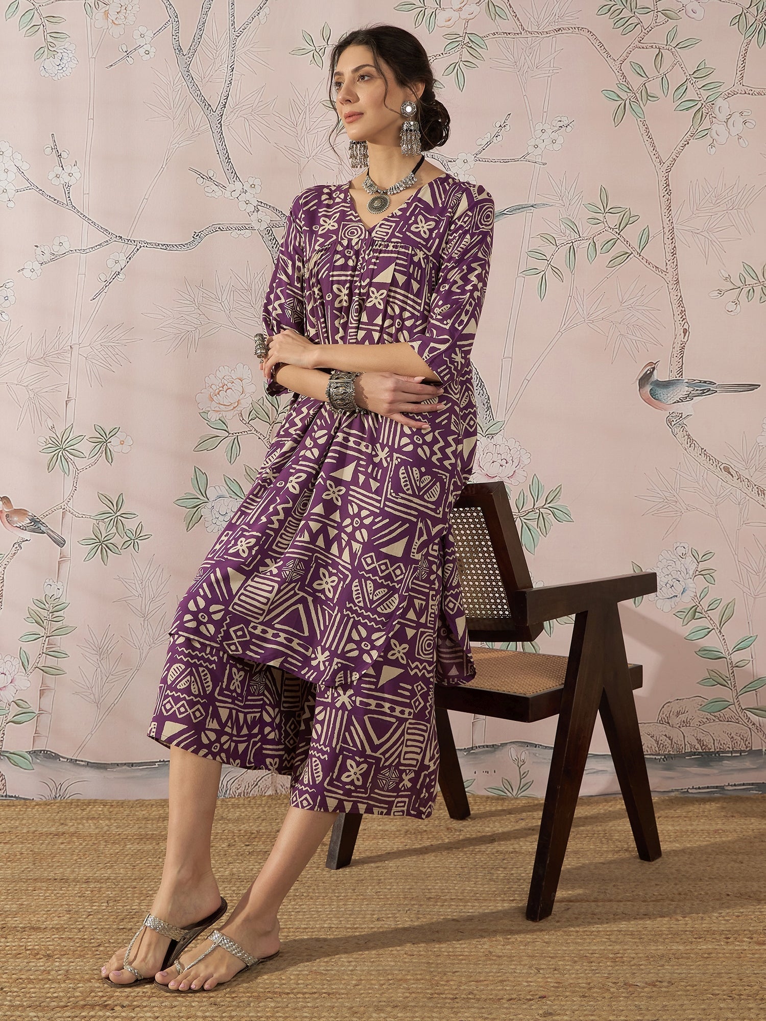 InWeave Dusty Mauve Ethnic Flared Kurta Set | Grocsy