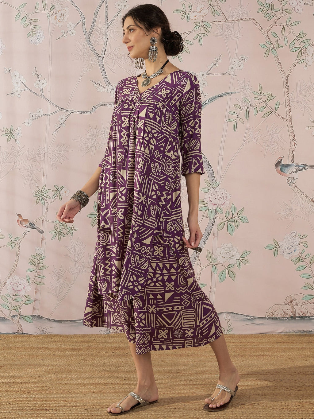InWeave Dusty Mauve Ethnic Flared Kurta Set | Grocsy