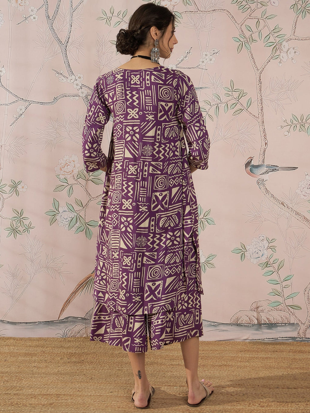 InWeave Dusty Mauve Ethnic Flared Kurta Set | Grocsy