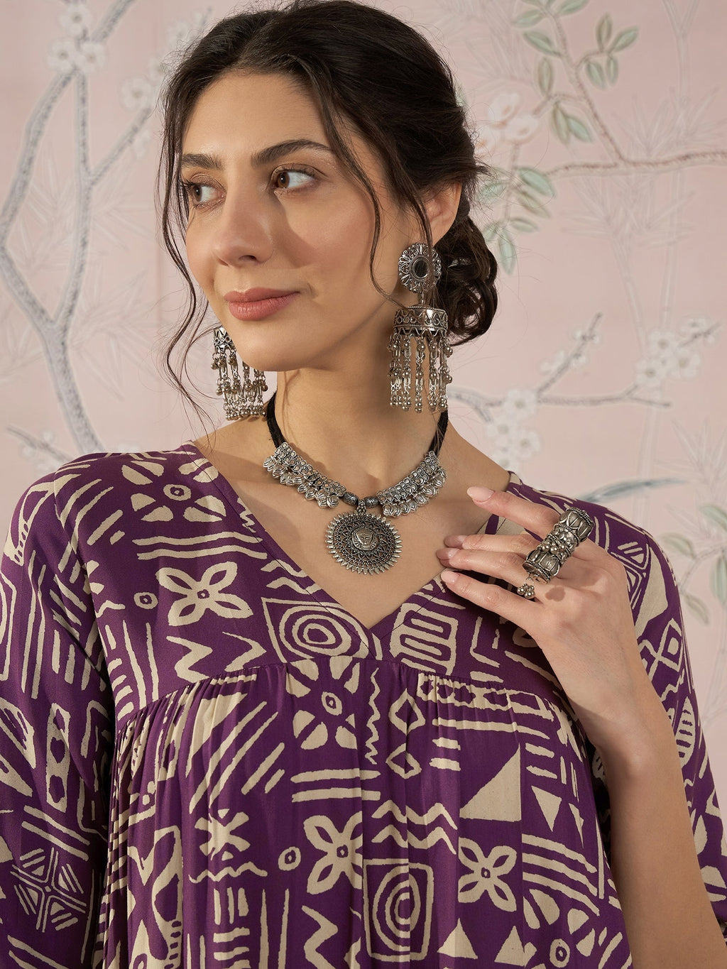 InWeave Dusty Mauve Ethnic Flared Kurta Set | Grocsy