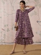 InWeave Dusty Mauve Ethnic Flared Kurta Set | Grocsy