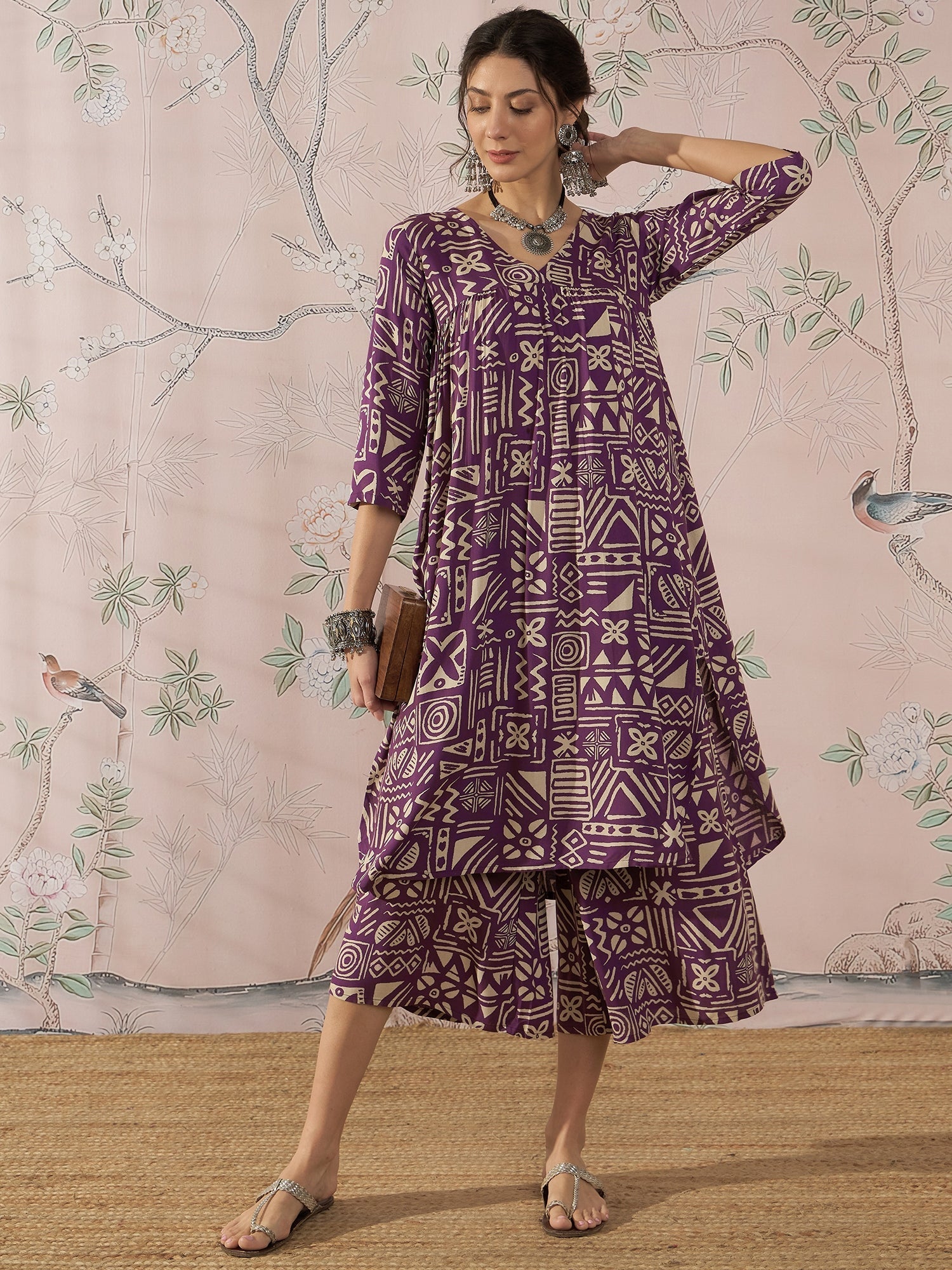 InWeave Dusty Mauve Ethnic Flared Kurta Set | Grocsy